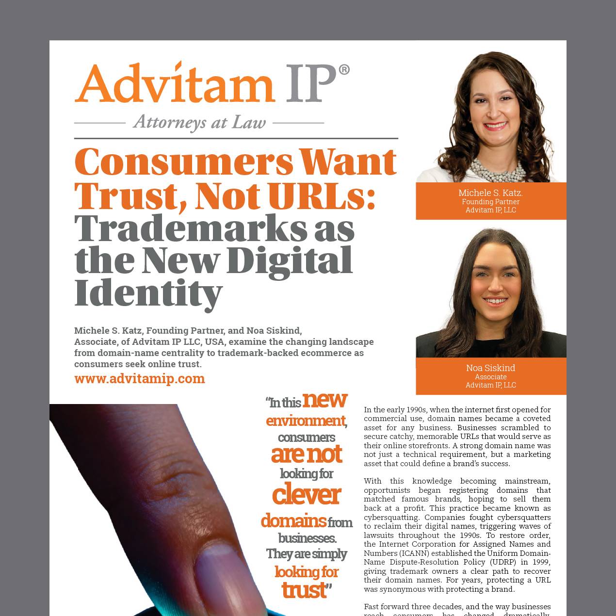 Page 1 of the Consumers Want Trust Not URLs – Trademarks as the New Digital Identity article from the Global IP Matrix